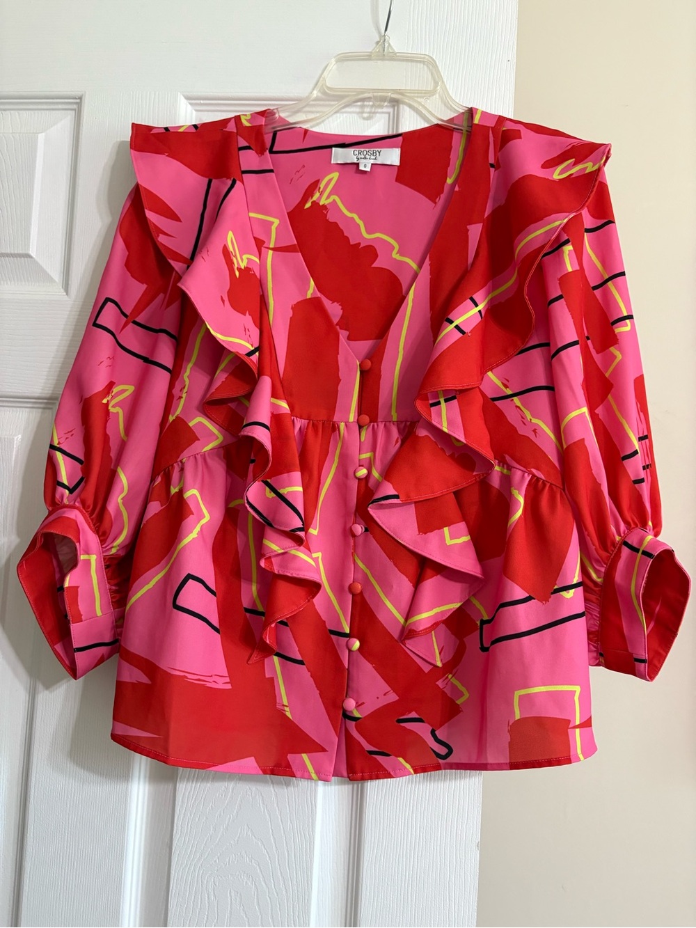 Crosby by Mollie Burch Pink Red Abstract Ruffle Blouse Small